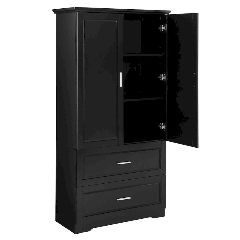 Tall Bathroom Storage Cabinet with 3 Open Shelves and 2 Drawers, Adjustable Shelf, Anti-Tip, Waterproof MDF, White
