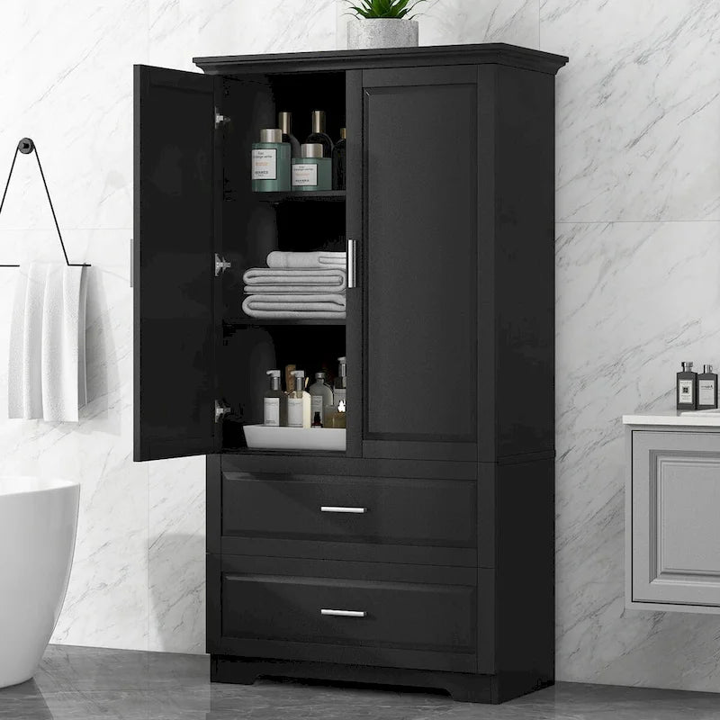 Tall Bathroom Storage Cabinet with 3 Open Shelves and 2 Drawers, Adjustable Shelf, Anti-Tip, Waterproof MDF, White