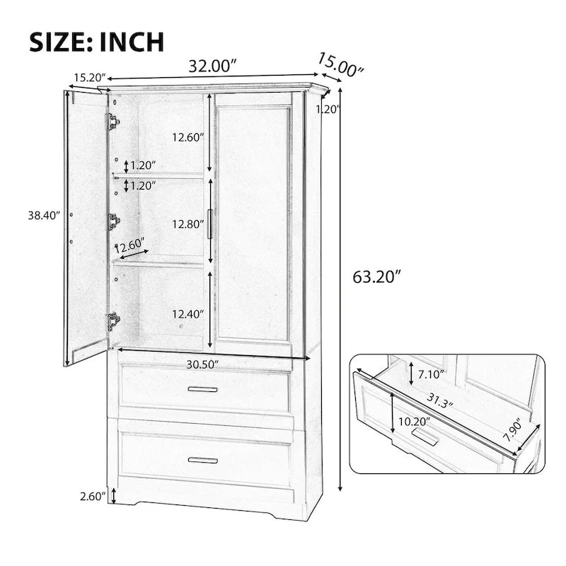 Tall Bathroom Storage Cabinet with 3 Open Shelves and 2 Drawers, Adjustable Shelf, Anti-Tip, Waterproof MDF, White