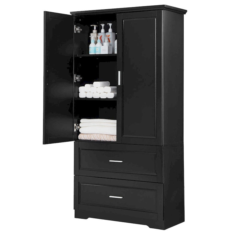 Tall Bathroom Storage Cabinet with 3 Open Shelves and 2 Drawers, Adjustable Shelf, Anti-Tip, Waterproof MDF, White
