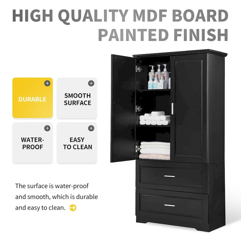 Tall Bathroom Storage Cabinet with 3 Open Shelves and 2 Drawers, Adjustable Shelf, Anti-Tip, Waterproof MDF, White