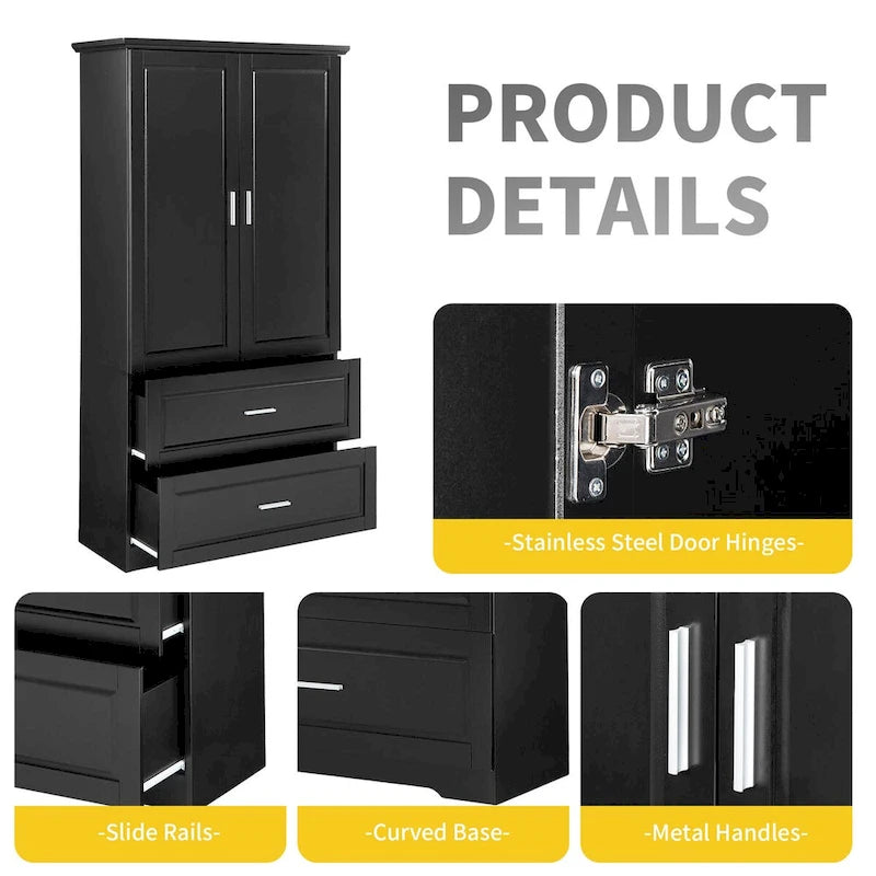 Tall Bathroom Storage Cabinet with 3 Open Shelves and 2 Drawers, Adjustable Shelf, Anti-Tip, Waterproof MDF, White